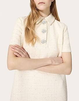 YEXPINE Women's Tweed Mini Shift Dress Polo Collared Party